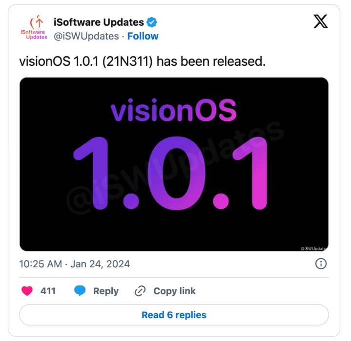 苹果发布Vision Pro首个固件更新Vision OS 1.0.1